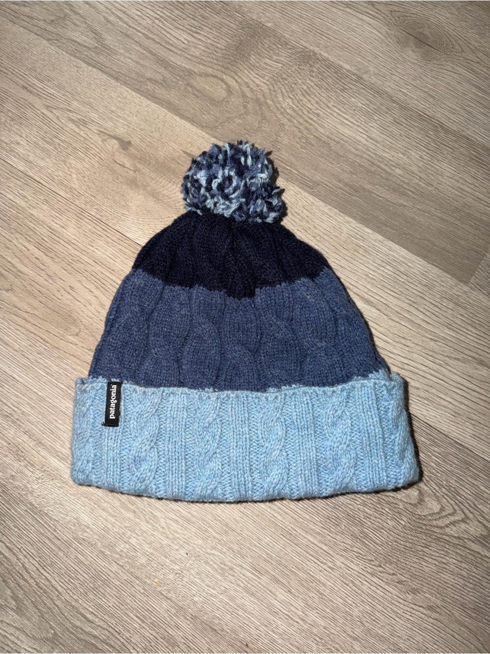 Patagonia Cable-Knit Pom Beanie - Light Blue, Mid Blue & Navy